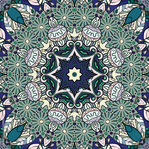 Seamless tracery tile mehndi design. Ethnic ornament, colorful doodle symmetry texture. Folk traditional spiritual tribal design. Curved doodling motif. Color art. Vector