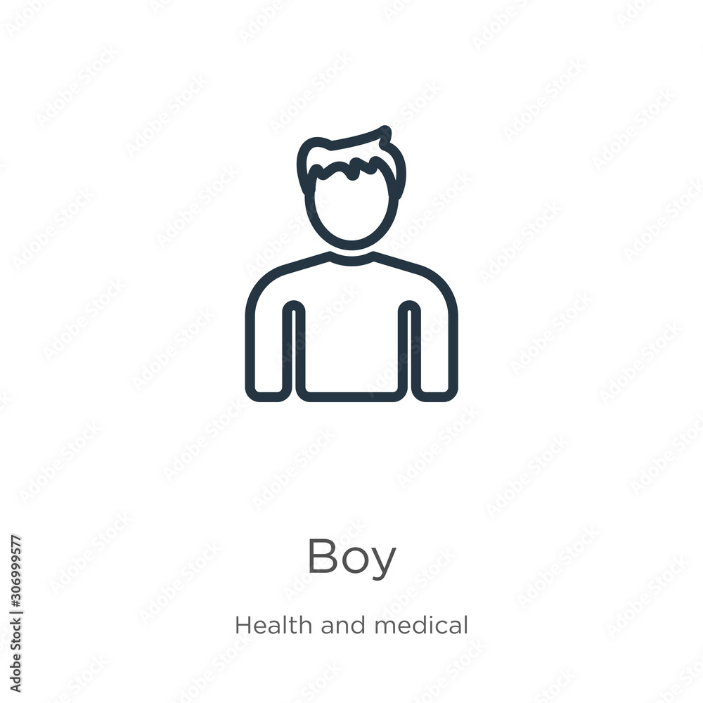 Boy icon. Thin linear boy outline icon isolated on white background from health collection. Line vector boy sign, symbol for web and mobile