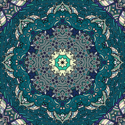 Seamless tracery tile mehndi design. Ethnic ornament, colorful doodle symmetry texture. Folk traditional spiritual tribal design. Curved doodling motif. Color art. Vector