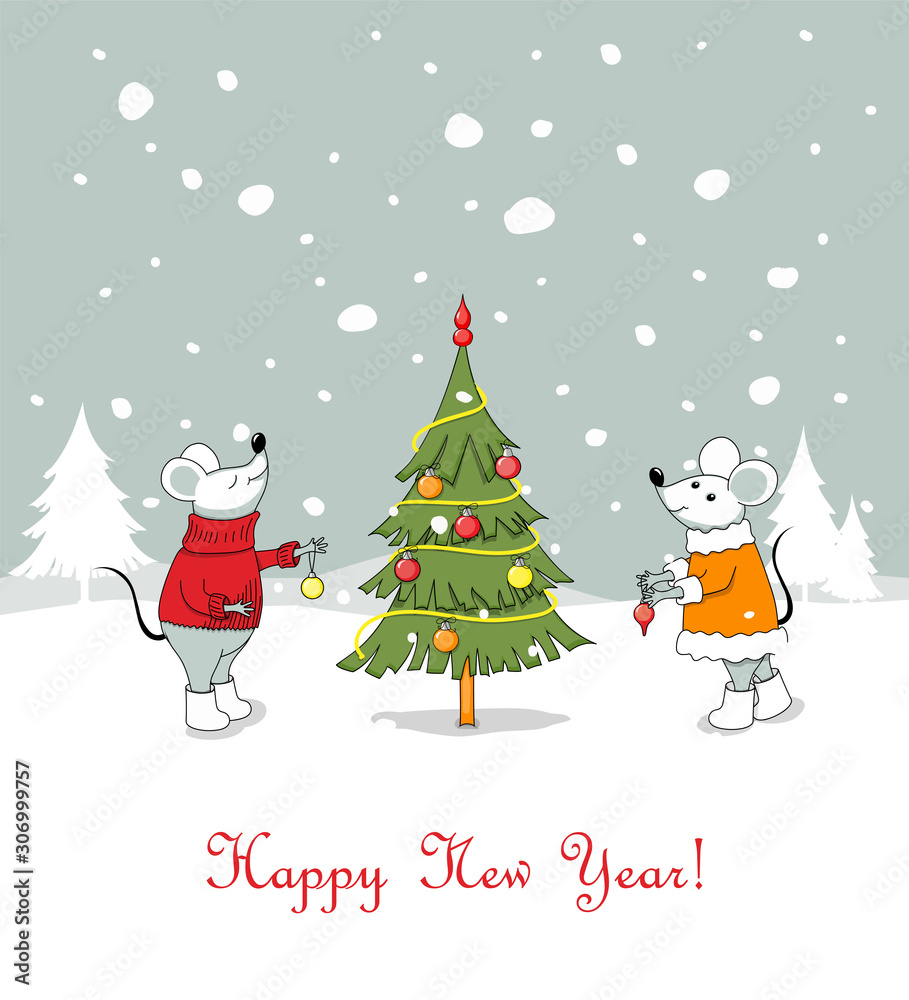 New Year card with happy couple of mice decorating fir-tree New Year card with happy couple of mice decorating fir-tree