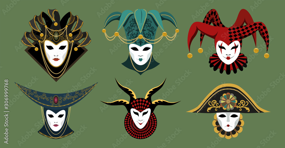 Naklejka premium Set of carnival masks. Traditional Venetian masks in hats, decorated with a pattern, ornament, beads, flowers, collars, frills. Vector image on a green background.