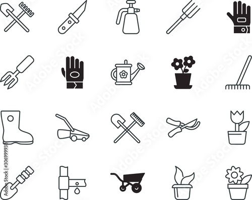 gardening vector icon set such as: wheelbarrow, mower, high, cultivating, wear, pesticides, seed, mowing, logo, website, wellington, harrow, badge, cart, toxic, worker, household, protective, open