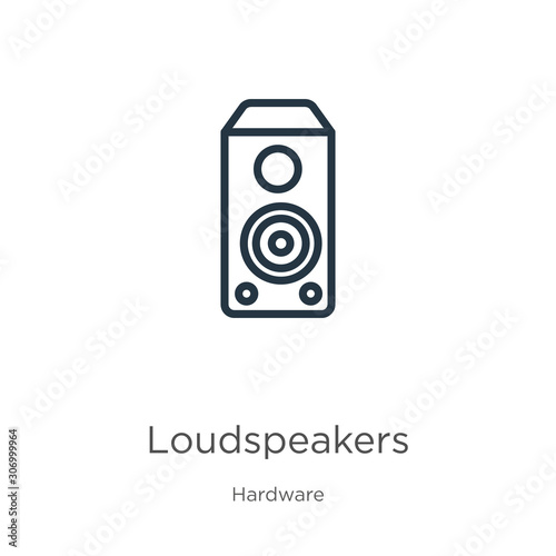 Loudspeakers icon. Thin linear loudspeakers outline icon isolated on white background from hardware collection. Line vector loudspeakers sign, symbol for web and mobile