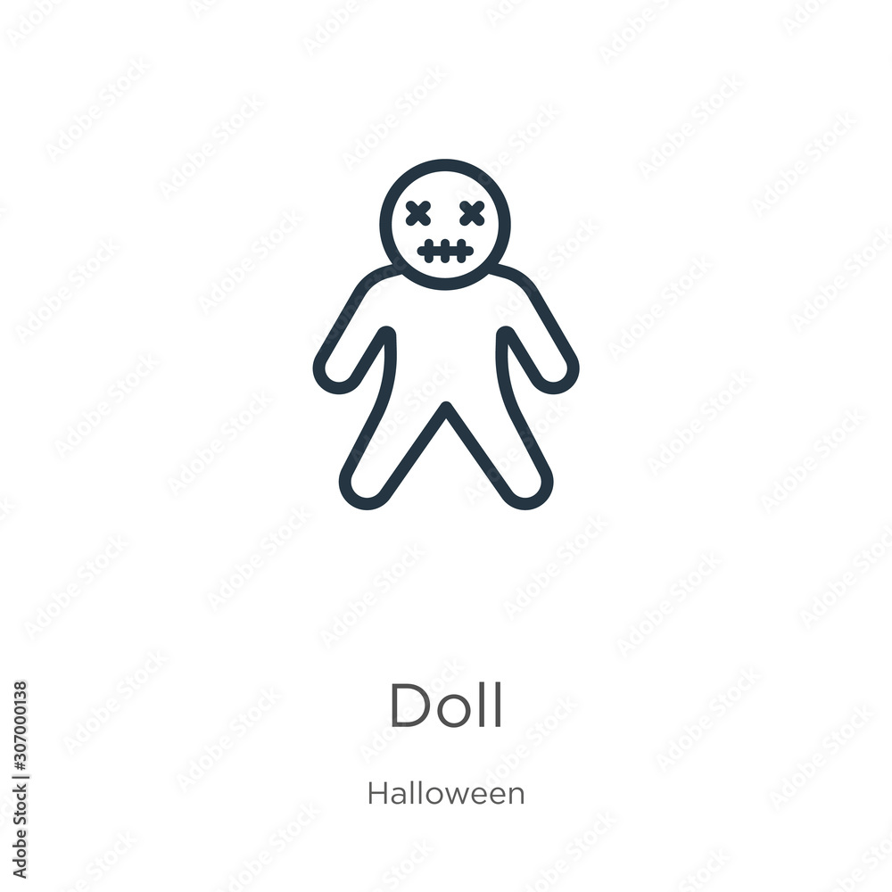 Doll icon. Thin linear doll outline icon isolated on white background from halloween collection. Line vector doll sign, symbol for web and mobile Doll icon. Thin linear doll outline icon isolated on white background from halloween collection. Line vector doll sign, symbol for web and mobile