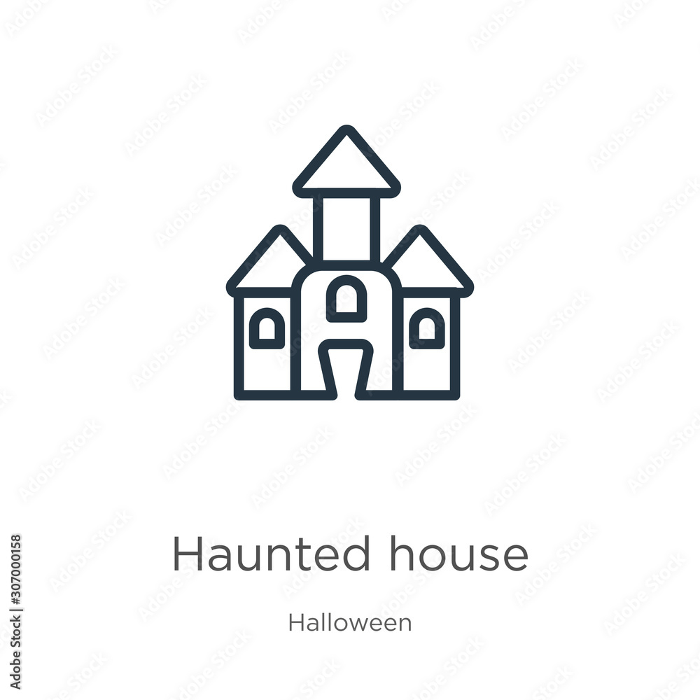 Haunted house icon. Thin linear haunted house outline icon isolated on white background from halloween collection. Line vector haunted house sign, symbol for web and mobile