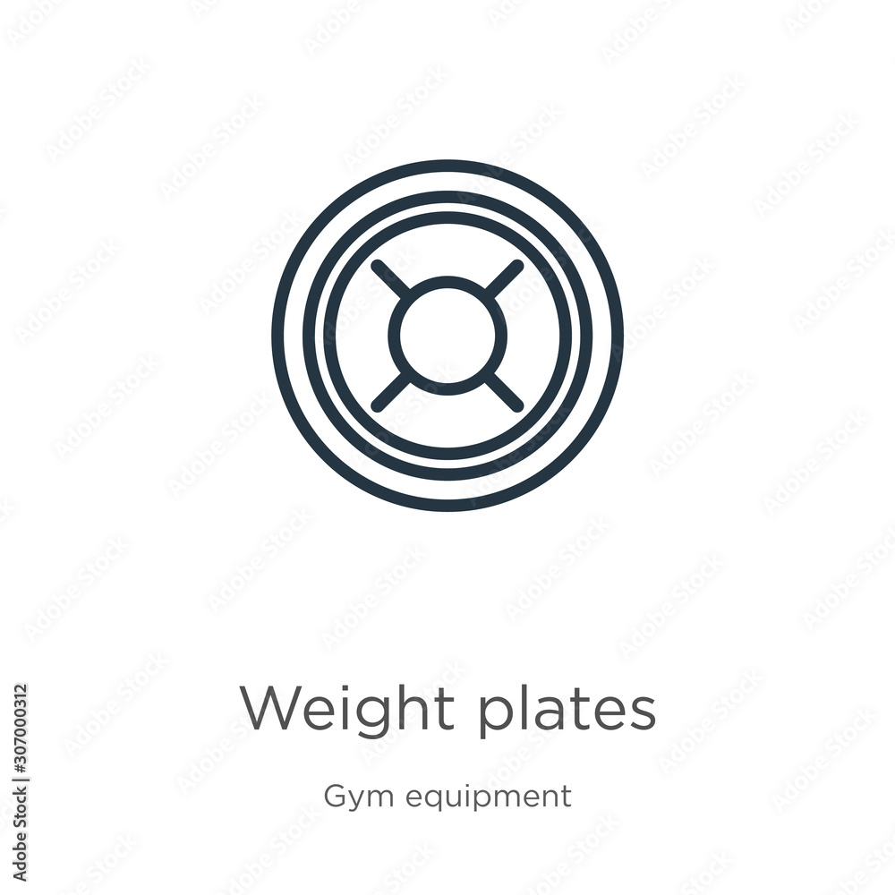 Weight plates icon. Thin linear weight plates outline icon isolated on white background from gym equipment collection. Line vector weight plates sign, symbol for web and mobile Weight plates icon. Thin linear weight plates outline icon isolated on white background from gym equipment collection. Line vector weight plates sign, symbol for web and mobile
