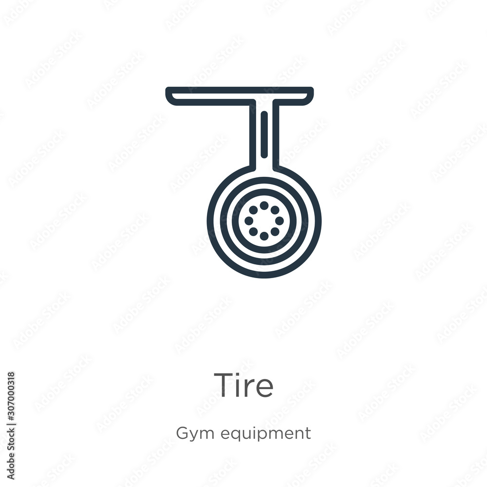 Tire icon. Thin linear tire outline icon isolated on white background from gym equipment collection. Line vector tire sign, symbol for web and mobile Tire icon. Thin linear tire outline icon isolated on white background from gym equipment collection. Line vector tire sign, symbol for web and mobile
