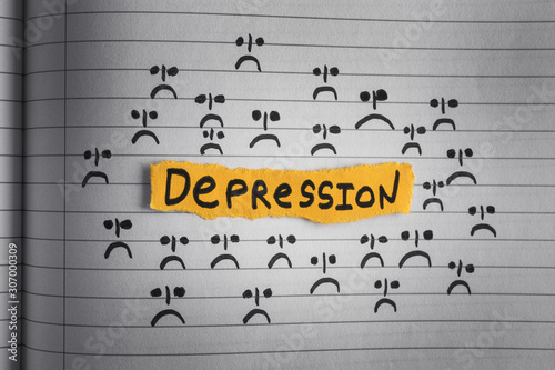 The word Depression on a lined paper with sad faces