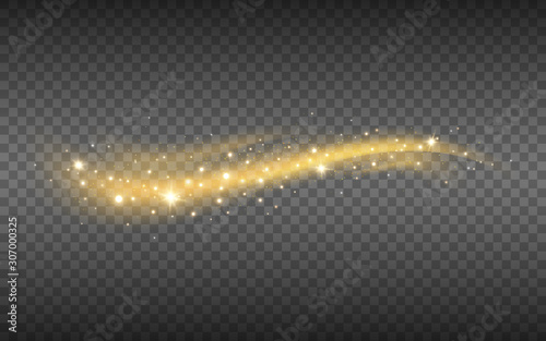 Gold glitter wave with shining particles. Golden luxury element with stardust. Glowing light effect on transparent backdrop for advertising, brochure, web. Vector illustration