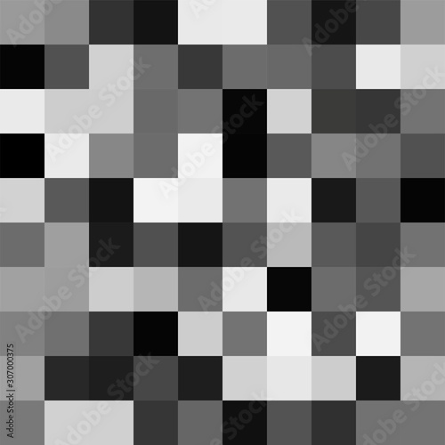 Seamless pattern. Geometrical square background. Black, white and gray colors. Pixel art style. Vector tile. Abstract illustration.