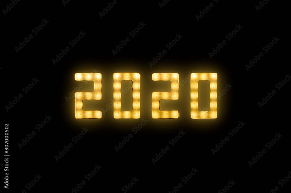 Yellow neon glowing led 2020 sign on black