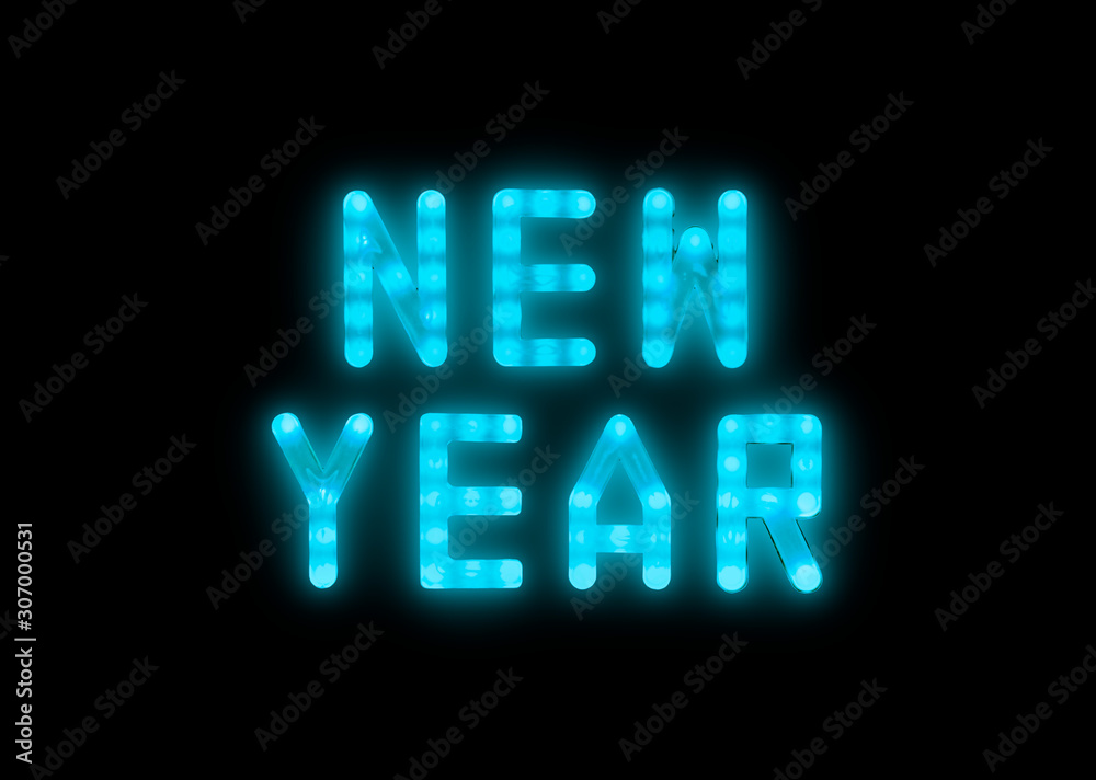 Blue neon glowing led NEW YEAR sign on black
