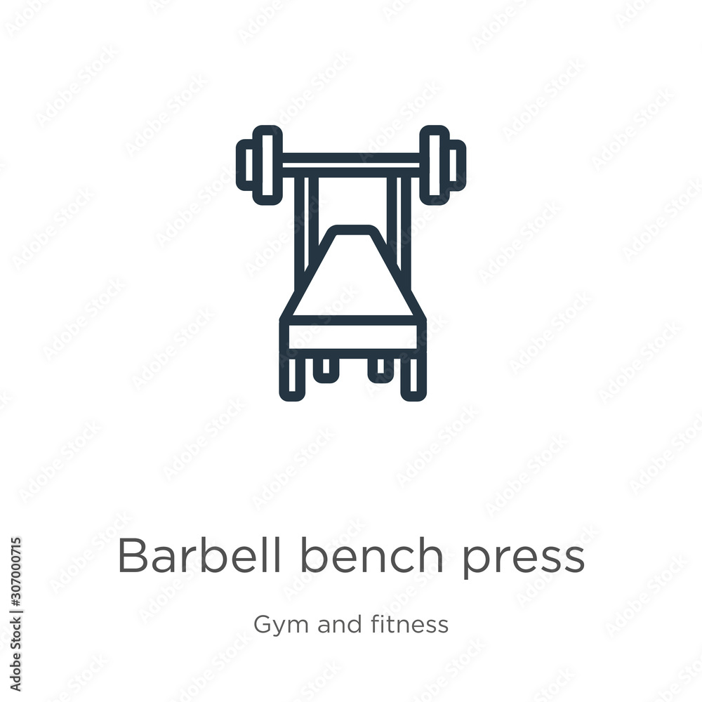 Barbell bench press icon. Thin linear barbell bench press outline icon isolated on white background from gym and fitness collection. Line vector barbell bench press sign, symbol for web and mobile