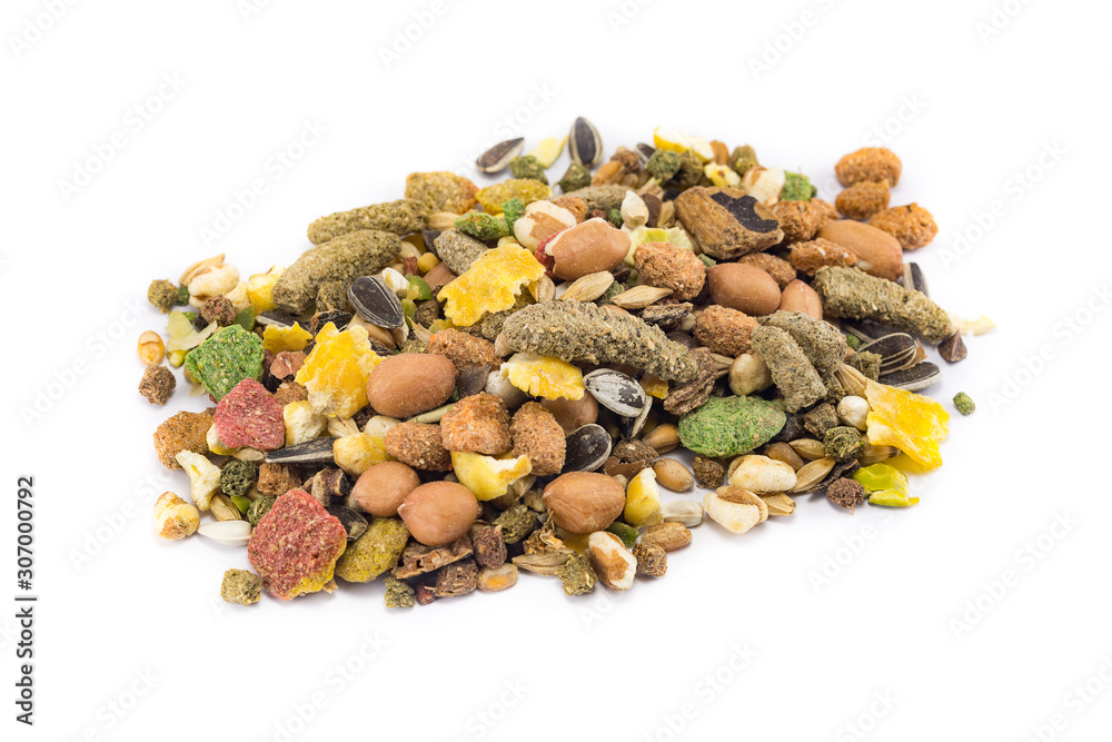 a variety of nutritious, balanced granulated food for rodents isolated on white background a variety of nutritious, balanced granulated food for rodents isolated on white background