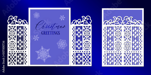 Laser cutting Christmas template.  Gate door fold card. Wedding invitation envelope with snowflakes. Vector illustration. Winter design silhouette.  Die cut holiday decor element. Paper cutout art. 