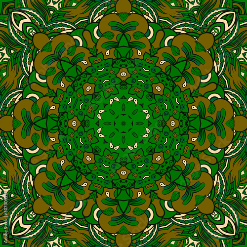 Seamless tracery tile mehndi design. Ethnic ornament, colorful doodle symmetry texture. Folk traditional spiritual tribal design. Curved doodling motif. Color art. Vector