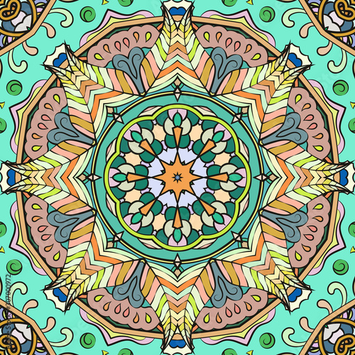 Seamless tracery tile mehndi design. Ethnic ornament, colorful doodle symmetry texture. Folk traditional spiritual tribal design. Curved doodling motif. Color art. Vector