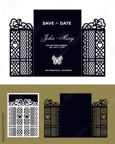 Laser cutting template.  Gate door fold card. Wedding invitation envelope with hearts. Vector illustration. Design silhouette.  Holiday decor element. Paper cutout art. Die cut Valentines day postcard