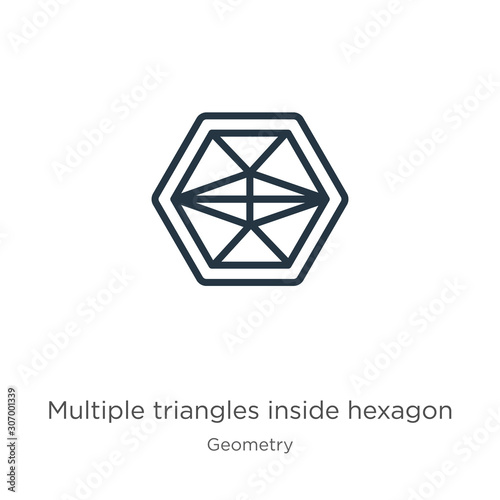 Multiple triangles inside hexagon icon. Thin linear multiple triangles inside hexagon outline icon isolated on white background from geometry collection. Line vector multiple triangles inside hexagon
