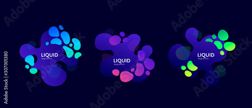 Fluid abstract banner template illustration. Set of modern bright liquid blue, green, pink shape isolated on black background. Acid lake concept. Design element for poster, backdrop, web, sale, print.