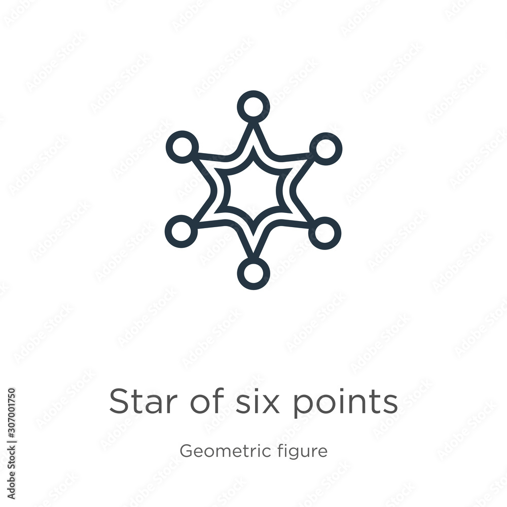 Star of six points icon. Thin linear star of six points outline icon isolated on white background from geometry collection. Line vector star of six points sign, symbol for web and mobile Star of six points icon. Thin linear star of six points outline icon isolated on white background from geometry collection. Line vector star of six points sign, symbol for web and mobile