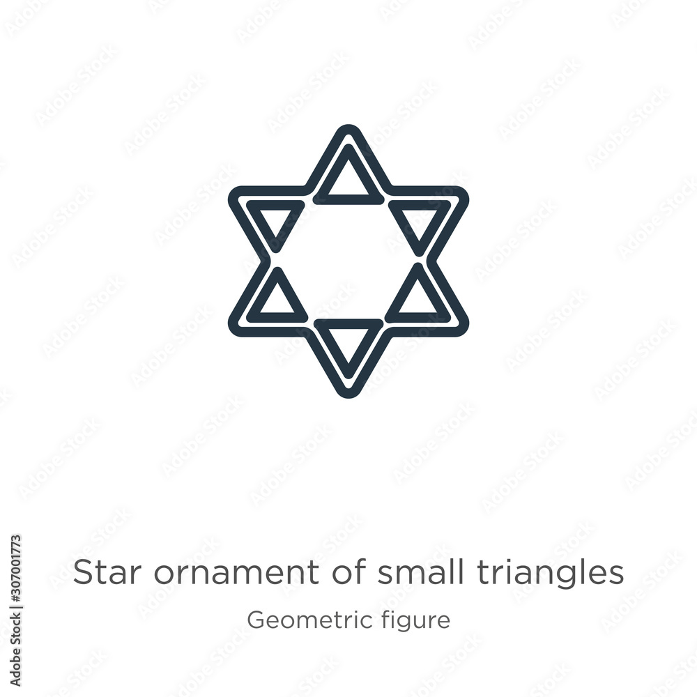 Star ornament of small triangles icon. Thin linear star ornament of small triangles outline icon isolated on white background from geometry collection. Line vector star ornament of small triangles Star ornament of small triangles icon. Thin linear star ornament of small triangles outline icon isolated on white background from geometry collection. Line vector star ornament of small triangles