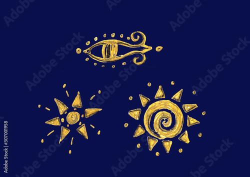 Wallpaper Mural Hand drawn tribal collection. Boho, bohemian golden Illustration. Decorative symbols in ethnic style. Gold design elements Isolated on dark blue background. Sacred  Eye, star and sun. Torontodigital.ca