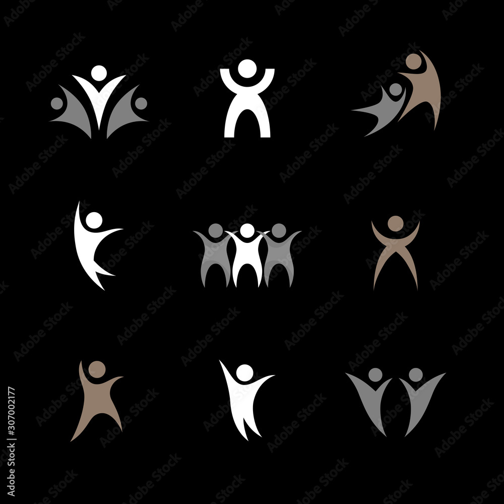 Abstract People Logo Set. Human Figure Isolated On Black Background. Icons Collection For Human Success, Celebration Logo, Achievement Symbol And Activity. Different Happy People. Figure Logo, Vector