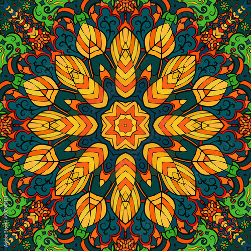 Seamless tracery tile mehndi design. Ethnic ornament, colorful doodle symmetry texture. Folk traditional spiritual tribal design. Curved doodling motif. Color art. Vector