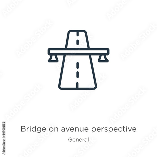 Bridge on avenue perspective icon. Thin linear bridge on avenue perspective outline icon isolated on white background from general collection. Line vector bridge on avenue perspective sign, symbol for