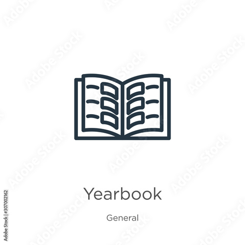 Yearbook icon. Thin linear yearbook outline icon isolated on white background from general collection. Line vector yearbook sign, symbol for web and mobile
