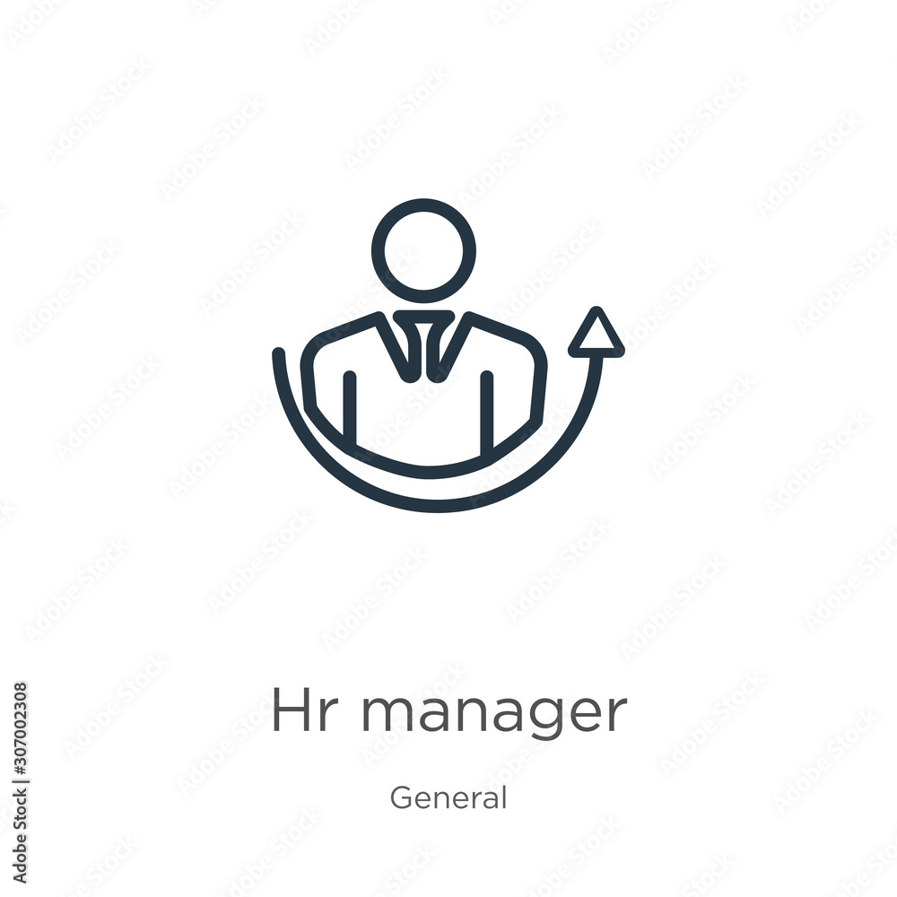 Hr manager icon. Thin linear hr manager outline icon isolated on white background from general collection. Line vector hr manager sign, symbol for web and mobile Hr manager icon. Thin linear hr manager outline icon isolated on white background from general collection. Line vector hr manager sign, symbol for web and mobile
