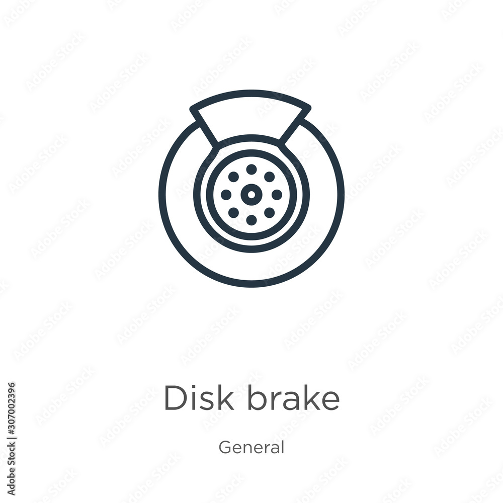 Disk brake icon. Thin linear disk brake outline icon isolated on white background from general collection. Line vector disk brake sign, symbol for web and mobile Disk brake icon. Thin linear disk brake outline icon isolated on white background from general collection. Line vector disk brake sign, symbol for web and mobile