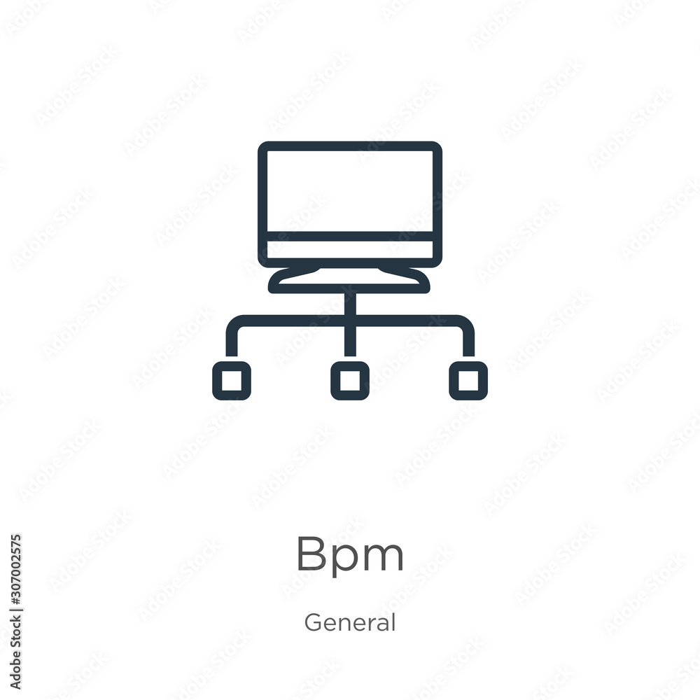 Bpm icon. Thin linear bpm outline icon isolated on white background from general collection. Line vector bpm sign, symbol for web and mobile