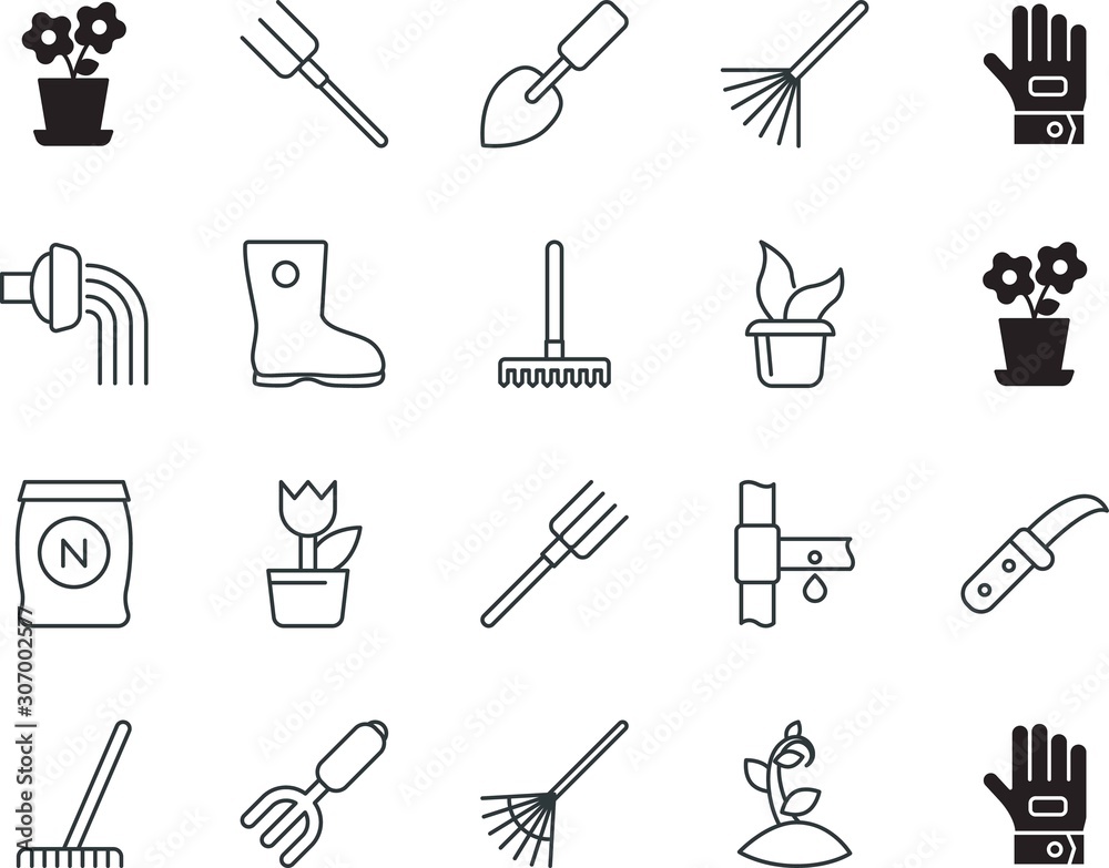 Obraz premium gardening vector icon set such as: lamp, foot, potassium, system, beauty, pipe, new, sprinkler, cutter, network, mark, ornate, walk, wear, global, fashion, shape, rubber, appliance, bag, ground