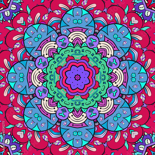Seamless tracery tile mehndi design. Ethnic ornament, colorful doodle symmetry texture. Folk traditional spiritual tribal design. Curved doodling motif. Color art. Vector