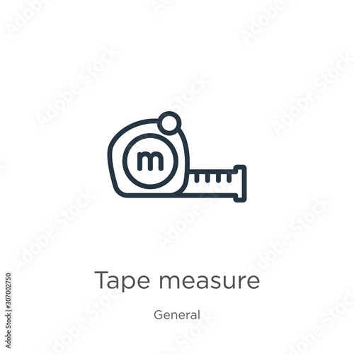 Tape measure icon. Thin linear tape measure outline icon isolated on white background from general collection. Line vector tape measure sign, symbol for web and mobile