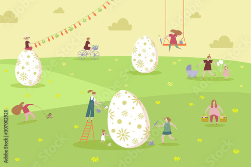 Easter eggs on green field. Women paint eggs, walk with dog, children, ride on swings, ride bicycle with flowers. Easter cute card