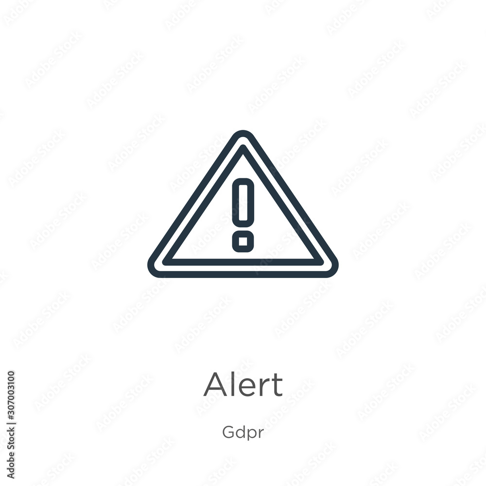 Alert icon. Thin linear alert outline icon isolated on white background from gdpr collection. Line vector alert sign, symbol for web and mobile Alert icon. Thin linear alert outline icon isolated on white background from gdpr collection. Line vector alert sign, symbol for web and mobile