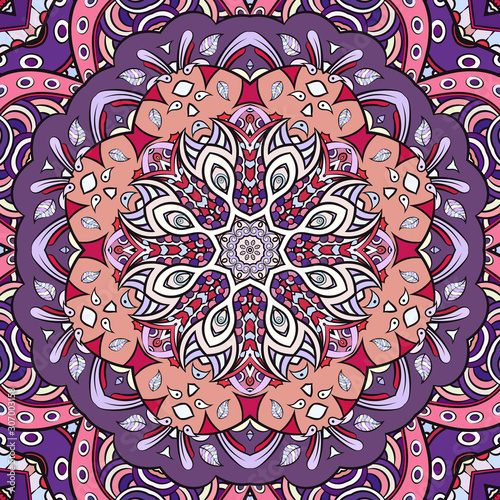 Seamless tracery tile mehndi design. Ethnic ornament, colorful doodle symmetry texture. Folk traditional spiritual tribal design. Curved doodling motif. Color art. Vector