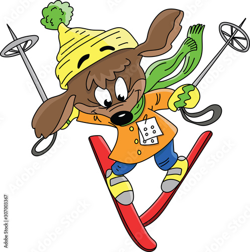 Cartoon dog skiing down the hill happily vector illustration