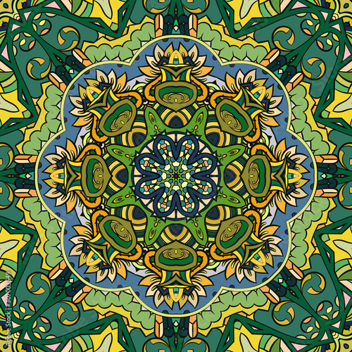 Seamless tracery tile mehndi design. Ethnic ornament, colorful doodle symmetry texture. Folk traditional spiritual tribal design. Curved doodling motif. Color art. Vector