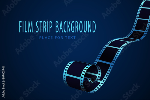 Realistic 3D cinema film strip in perspective. Film reel frame isolated on blue background. Vector template cinema festival with place for text. Movie design for brochure, poster, banner or flyer.