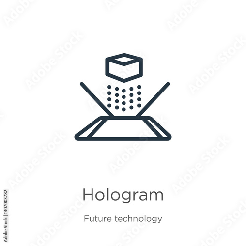 Hologram icon. Thin linear hologram outline icon isolated on white background from future technology collection. Line vector hologram sign, symbol for web and mobile