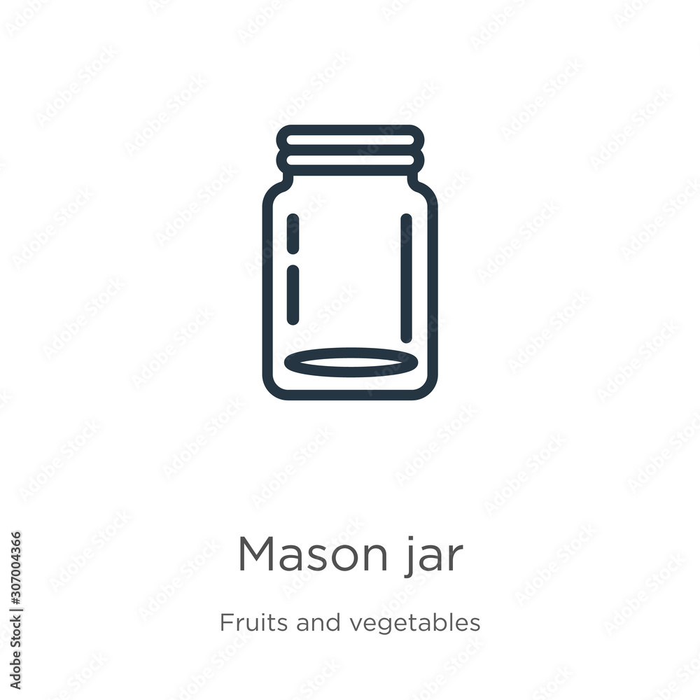 Mason jar icon. Thin linear mason jar outline icon isolated on white background from fruits and vegetables collection. Line vector mason jar sign, symbol for web and mobile Mason jar icon. Thin linear mason jar outline icon isolated on white background from fruits and vegetables collection. Line vector mason jar sign, symbol for web and mobile