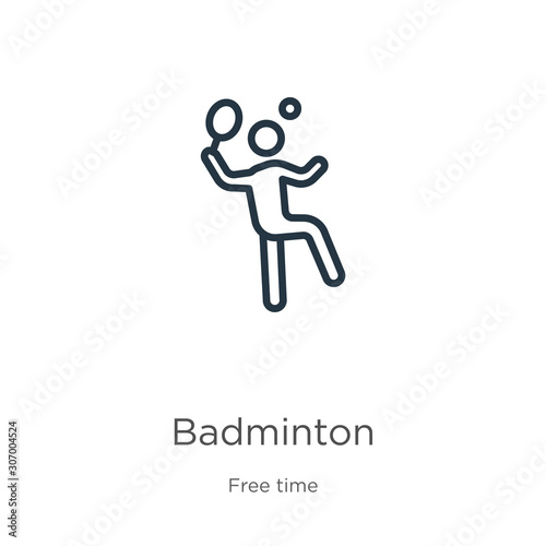 Badminton icon. Thin linear badminton outline icon isolated on white background from free time collection. Line vector badminton sign, symbol for web and mobile