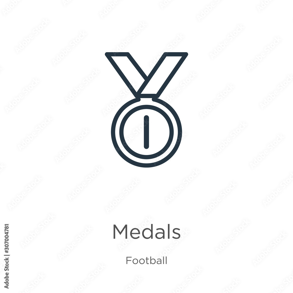 Medals icon. Thin linear medals outline icon isolated on white background from football collection. Line vector medals sign, symbol for web and mobile Medals icon. Thin linear medals outline icon isolated on white background from football collection. Line vector medals sign, symbol for web and mobile