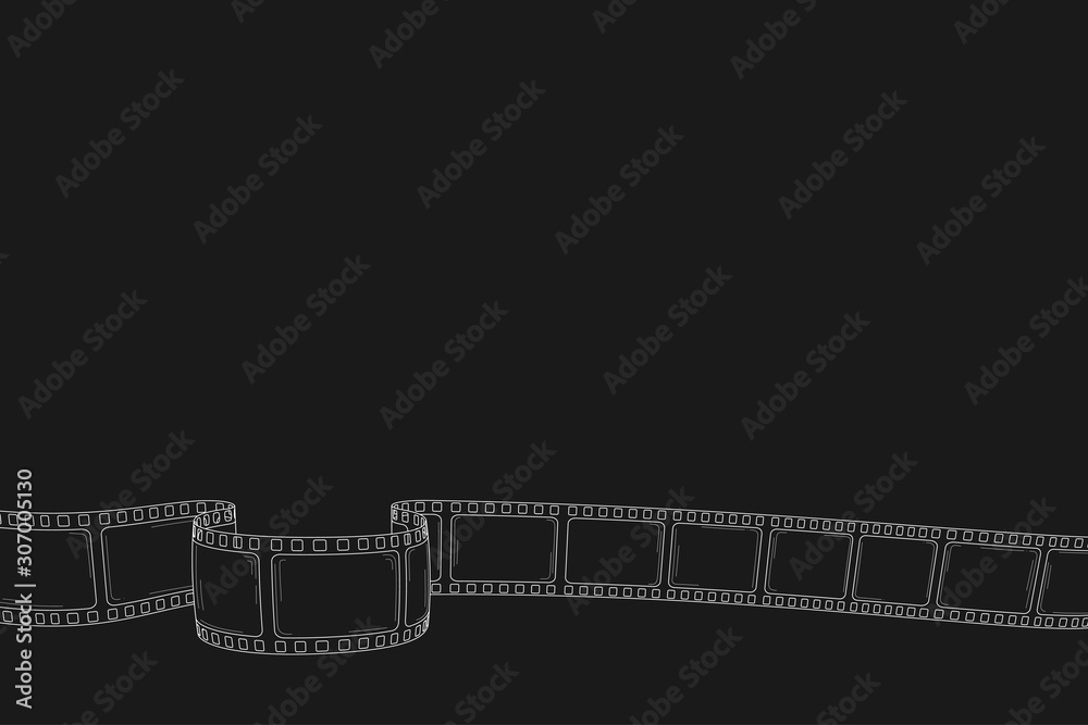 Hand drawn cinema film strip for camera or projector isolated white background. Sketch empty frame film strip for text, festival, poster, flyer, banner. Retro photo film. Vector vintage doodle style.