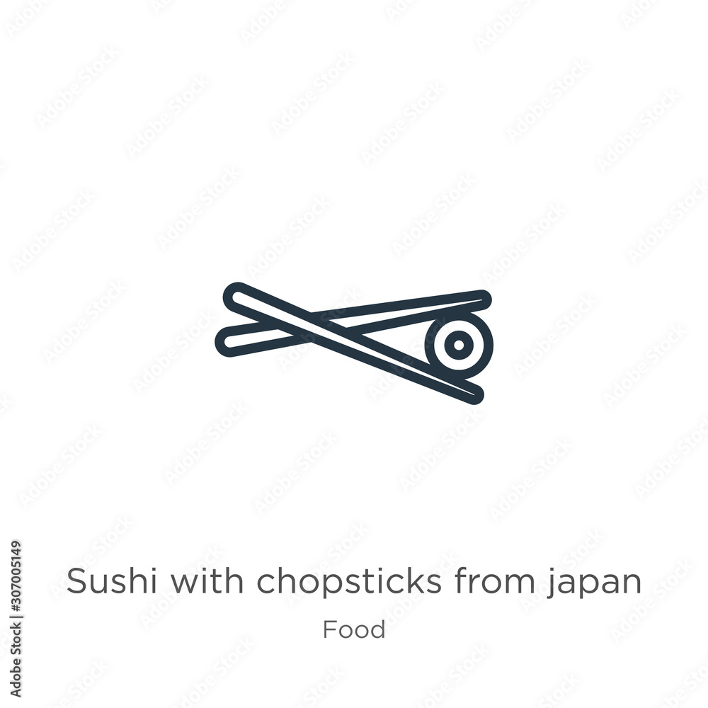Sushi with chopsticks from japan icon. Thin linear sushi with chopsticks from japan outline icon isolated on white background from food collection. Line vector sushi with chopsticks from japan sign, Sushi with chopsticks from japan icon. Thin linear sushi with chopsticks from japan outline icon isolated on white background from food collection. Line vector sushi with chopsticks from japan sign,