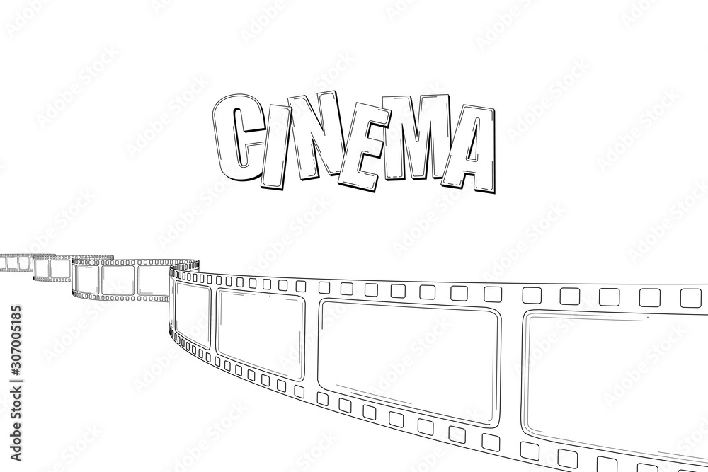 Hand drawn cinema film strip with text. Sketch frame film roll for festival, poster, flyer, banner. Cinematography arts hand drawn decorative film strip frame. Retro photo film. Vector doodle style.